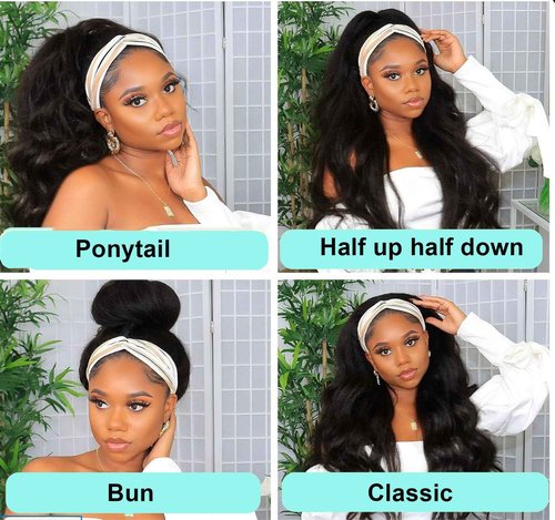 Justres Body Wave Headband Wigs Human Hair for Black Women 18 Inch None Lace Front Head bandWigs 180% Density Glueless Wear and Go Wig Machine Made Headband Wigs Natural Black Color