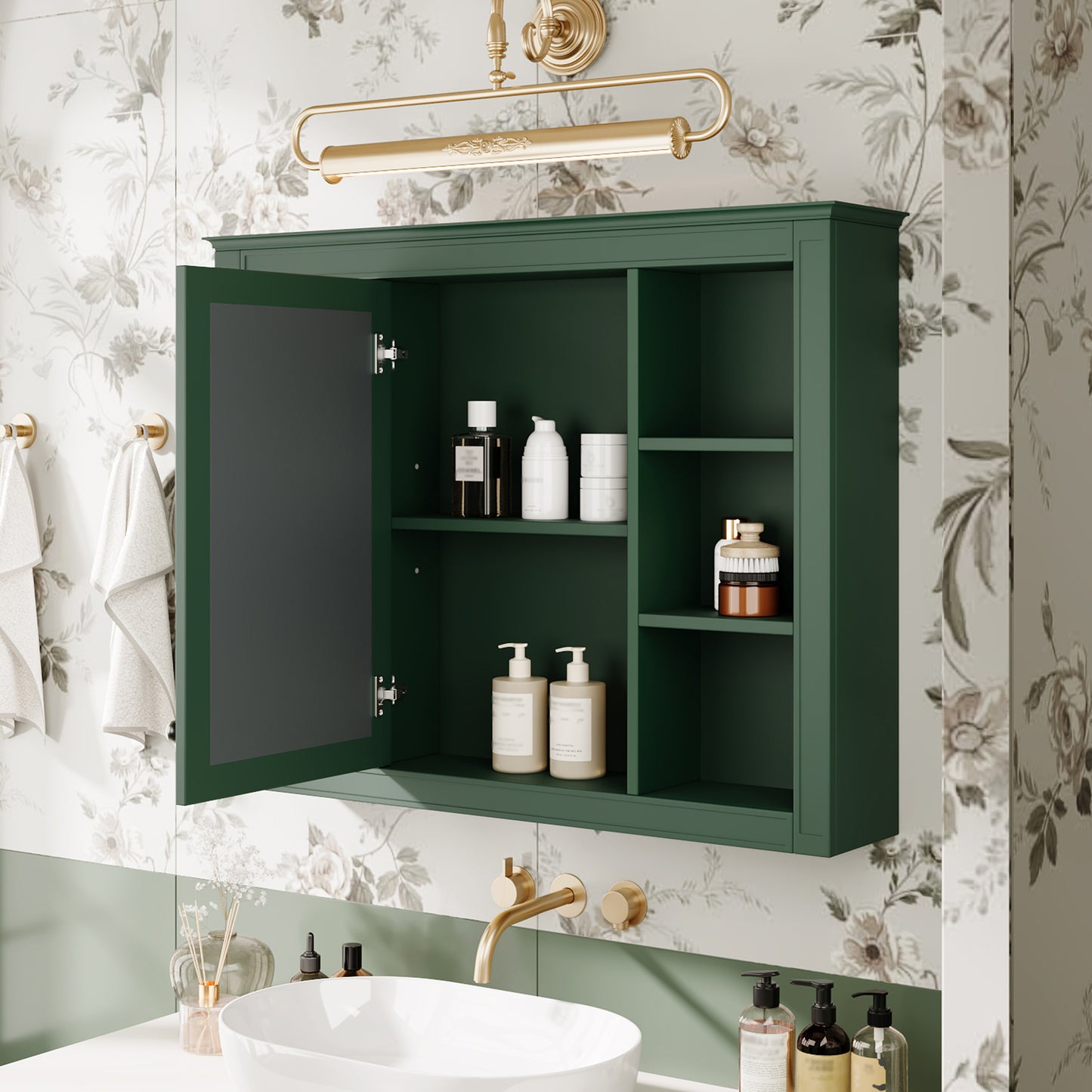 35'' x 28'' Wall Mounted Bathroom Storage Cabinet with Mirror - Green