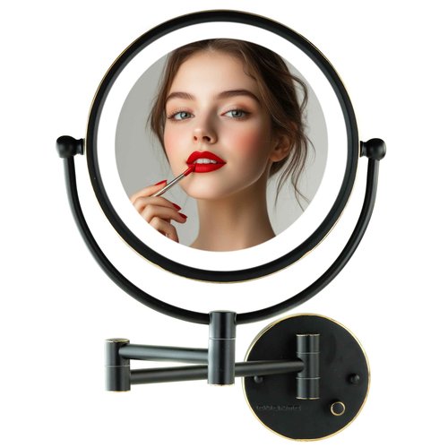 OVENTE Wall Mounted Lighted Makeup Vanity Mirror, 9" Hard Wired Double Sided 1X/7X Magnifying Bathroom Mirror, Dimmable LED Lights, 360° Rotation and 14" Extendable Arm, Rubbed Bronze MPWD3185BZ1X7X