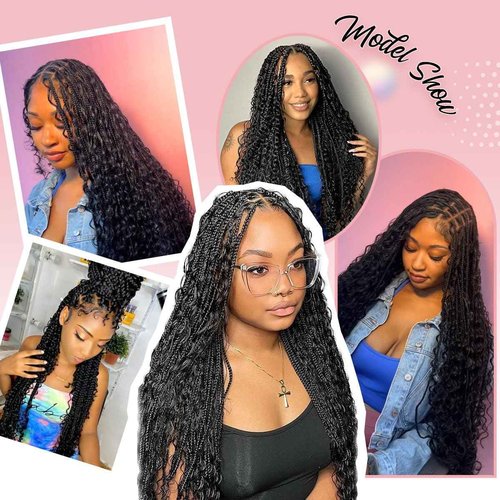 QUISDUIS 36 Inch Full Lace Boho Braided Wigs for Black Women, 360° HD Single-layer Square Knotless Box Braid Wig with Baby Hair Handmade Synthetic Hair Blended Lace Front Wig Natural Black