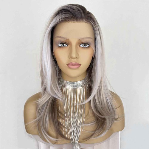CIMITIKI Platinum Highlight Blonde and Brown Wigs 13x4 Lace Front Wig Layered Free Style Wear and Go Synthetic 18Inch Pre Plucked Hairline for Women