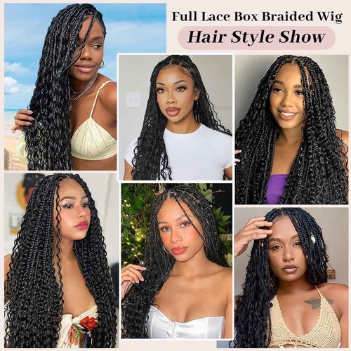 Suntefic Boho Box Braided Wigs for Black Women Glueless Double Full Lace Human Hair Blended Lightweight Hand Braid Wig with Baby Hair (2-Black, 28 In)