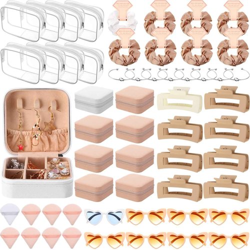 FoldTier 56 Pcs Bridesmaid Proposal Gifts Maid Gifts Clear Cosmetic Bags Jewelry Storage Boxes Hair Clip Hair Scrunchies Heart Shaped Sunglasses Bracelet Powder Puffs for Wedding(Champagne)