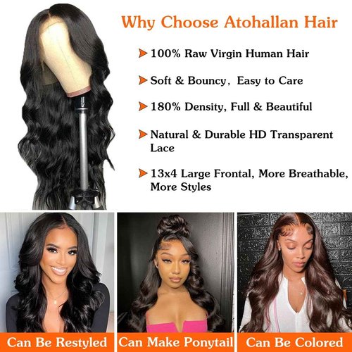 Atohallan 13x4 Body Wave Lace Front Wigs Human Hair Pre Plucked 26 Inch HD Transparent Lace Frontal Wigs Human Hair for Women 180% Density Glueless Frontal Wigs Human Hair Body Wave Wig(26 Inch)