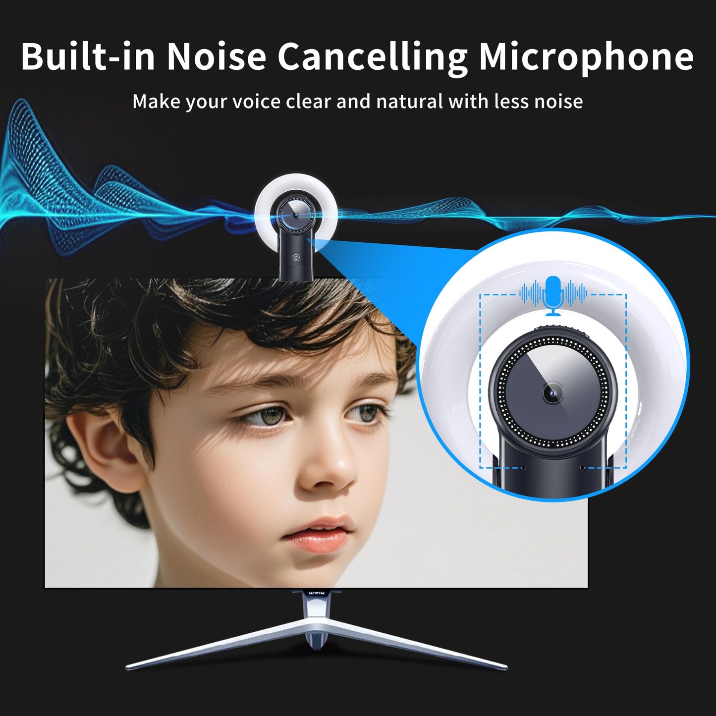 4K Webcam with Light, Web Cam with Speaker, Dual Noise Reduction Plug and Play, Web Camera for Desktop Computer, Auto-Focus, Privacy Protection, Webcam for PC Zoom Skype