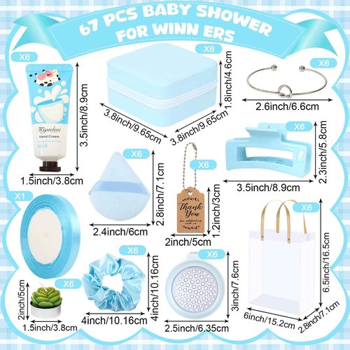 Acmee Baby Shower Prizes for Winners Gifts Headband Hair Brush Jewelry Box Plants Candles Bracelet Hand Cream Compact Powder Puff Hair Claw ribbon Gift Bag Beaded Necklace Bridal Shower(6 Sets-Blue)