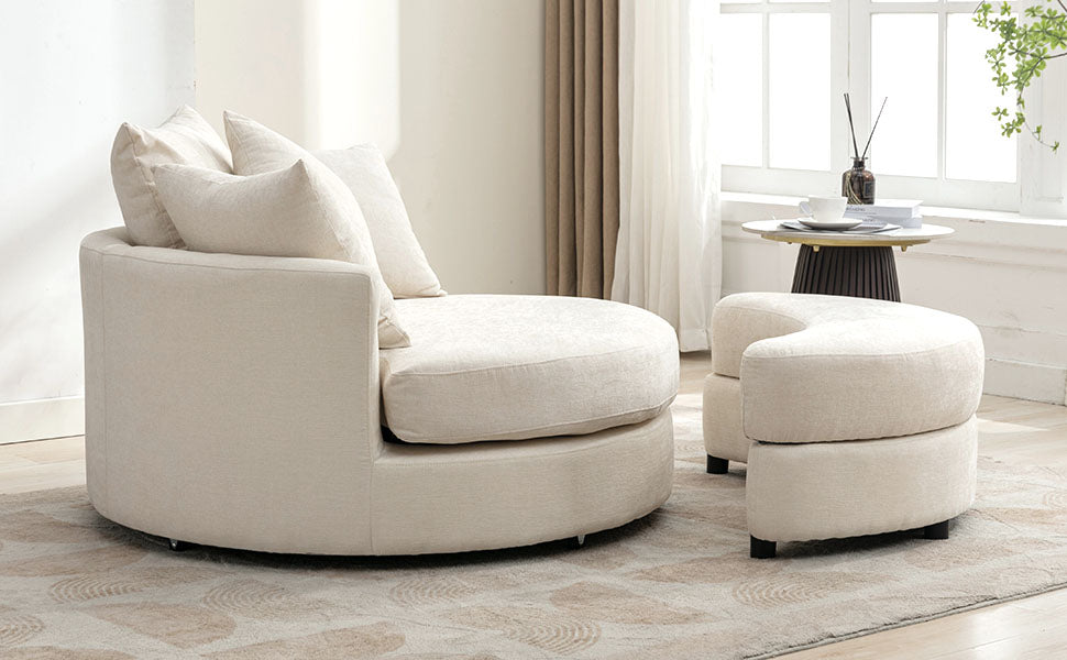 360° Swivel Accent Barrel Chair with Storage Ottoman & 4 Pillows - Cream