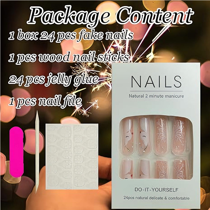 24-Piece Diamond Snowflake Press-On Nails - Long Square Pink Fake Nails