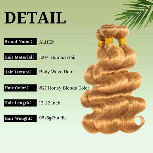ALHER Color #27 Honey Blonde Single Bundle Body Wave 24 Inch, Blonde Bundles Human Hair Sew In Weave Wavy Bundles for Black Women, 12A 100% Unprocessed Brazilian Virgin Remy Hair Soft Thick