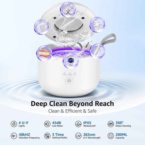 Guyyr Ultrasonic Retainer Cleaner Machine: 48kHz Rechargeable Cordless Denture Cleaner - Waterproof Ultrasonic Jewelry Cleaner - 200ML Dental Cleaning Pod for Mouth Guard, Aligner, White