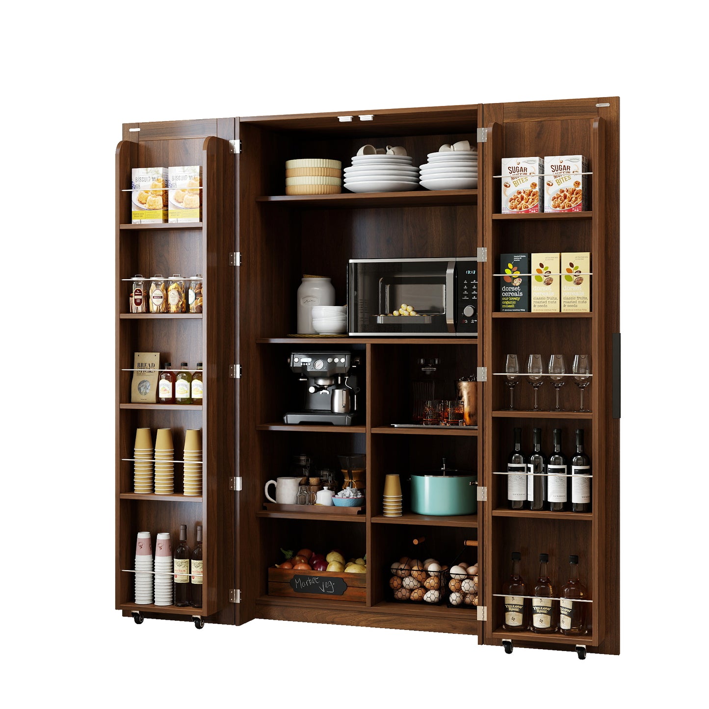 Walnut Kitchen Pantry Cabinet with Doors & Shelves - Freestanding Storage