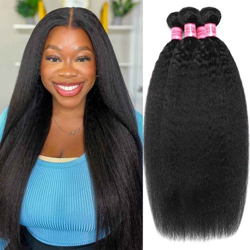 Borchan Kinky Straight Bundles Human Hair 4 Bundles 14 16 18 20 Inches 100% Unprocessed Brazilian Yaki Straight Hair Bundles Virgin Remy Kinky Curly Bundles for Black Women