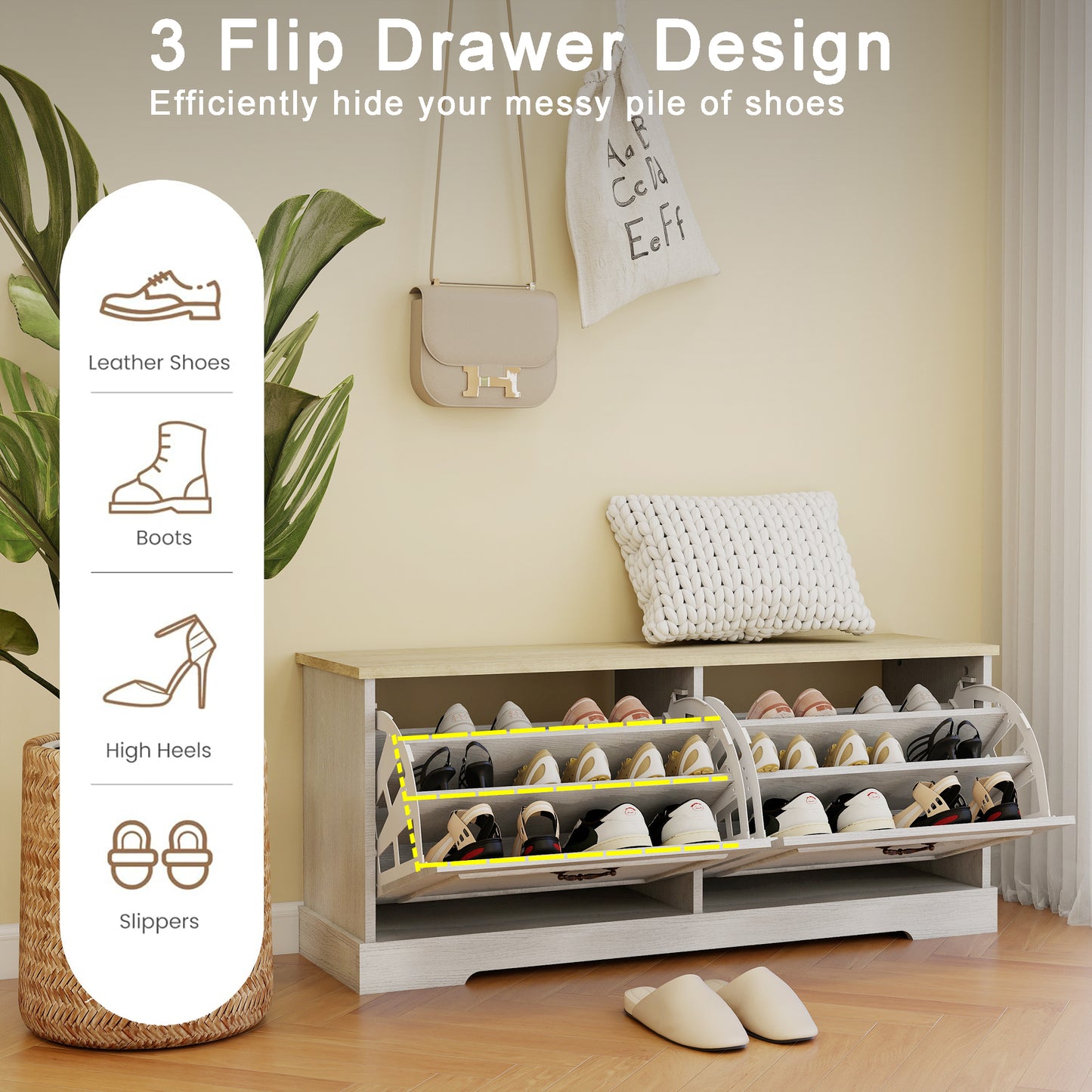 Shoe Storage Bench with 2 Flip Drawers & Adjustable Shelf - Antique White
