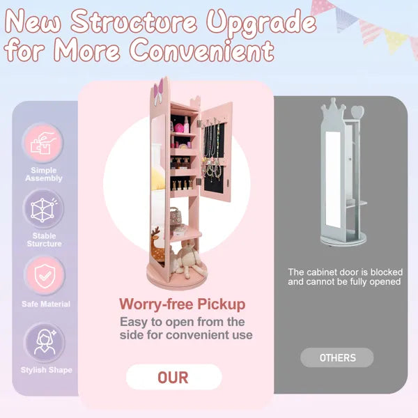 Children's Jewelry Mirror Cabinet - Pink Bow Design with Rotatable Base