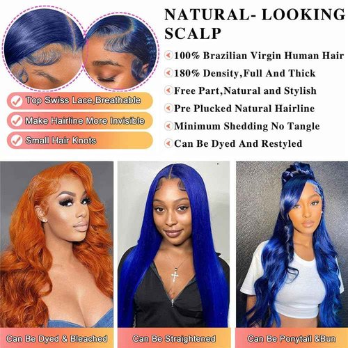 Blue Lace Front Wigs Human Hair Body Wave 28 Inch 13x4 Dark Blue HD Lace Frontal Wig Human Hair Wear and Go Glueless Royal Blue Wigs Human Hair Pre Plucked Navy Blue Colored Wigs For Black Women