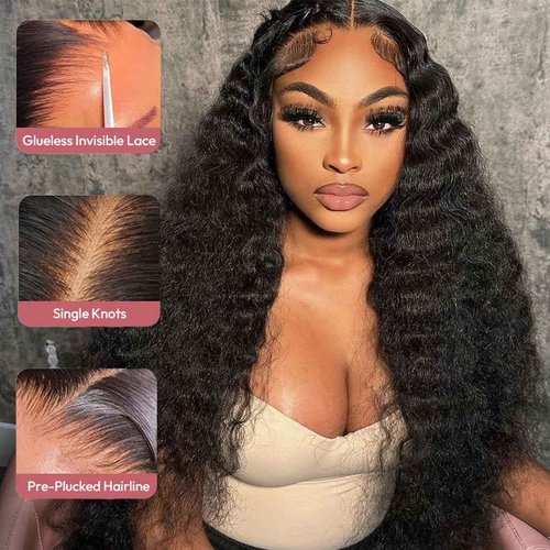 Lemeiily 13x6 Deep Wave Lace Front Wigs Human Hair 200 Density 22 Inch Curly Wig 13x6 HD Lace Front Wigs Human Hair Glueless Wigs Human Hair Pre Plucked for Black Women Natural Color