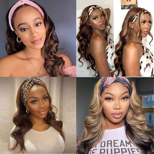 Comfair Ombre Headband Wig Human Hair #4/27 Highlight Body Wave Headband Wig Glueless None Lace Front Wig Brazilian Virgin Human Hair Wigs for Black Women Wear andGo Wig 180% Density 18 inch