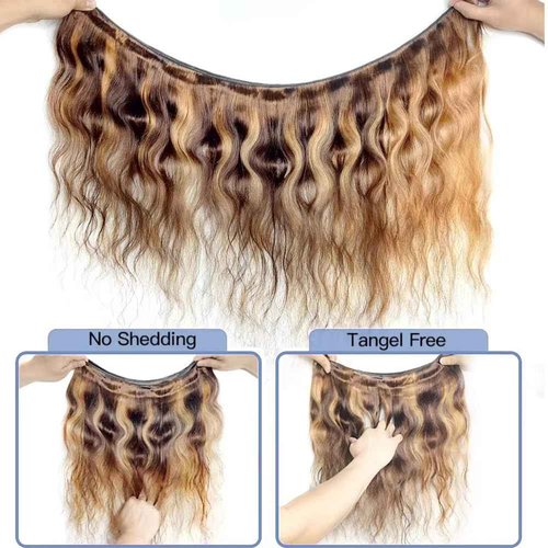 Brown Highlight Body Wave Bundles Human Hair 100% Unprocessed Brazilian Virgin Hair Honey Blonde Human Hair Body Wave Bundles Hair Extensions Wet and Wavy 3 Bundles for Black Women