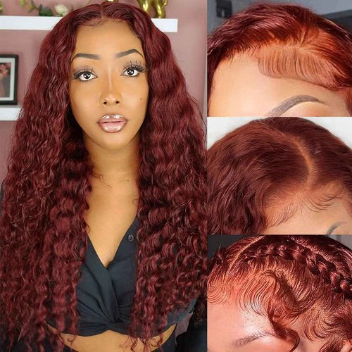 Aveiyce Reddish Brown Deep Wave Lace Front Wigs Human Hair 33b Colored 13x4 HD Lace Frontal Wig for Women 180% Density Auburn Glueless Curly Wig Pre Plucked 20 Inch