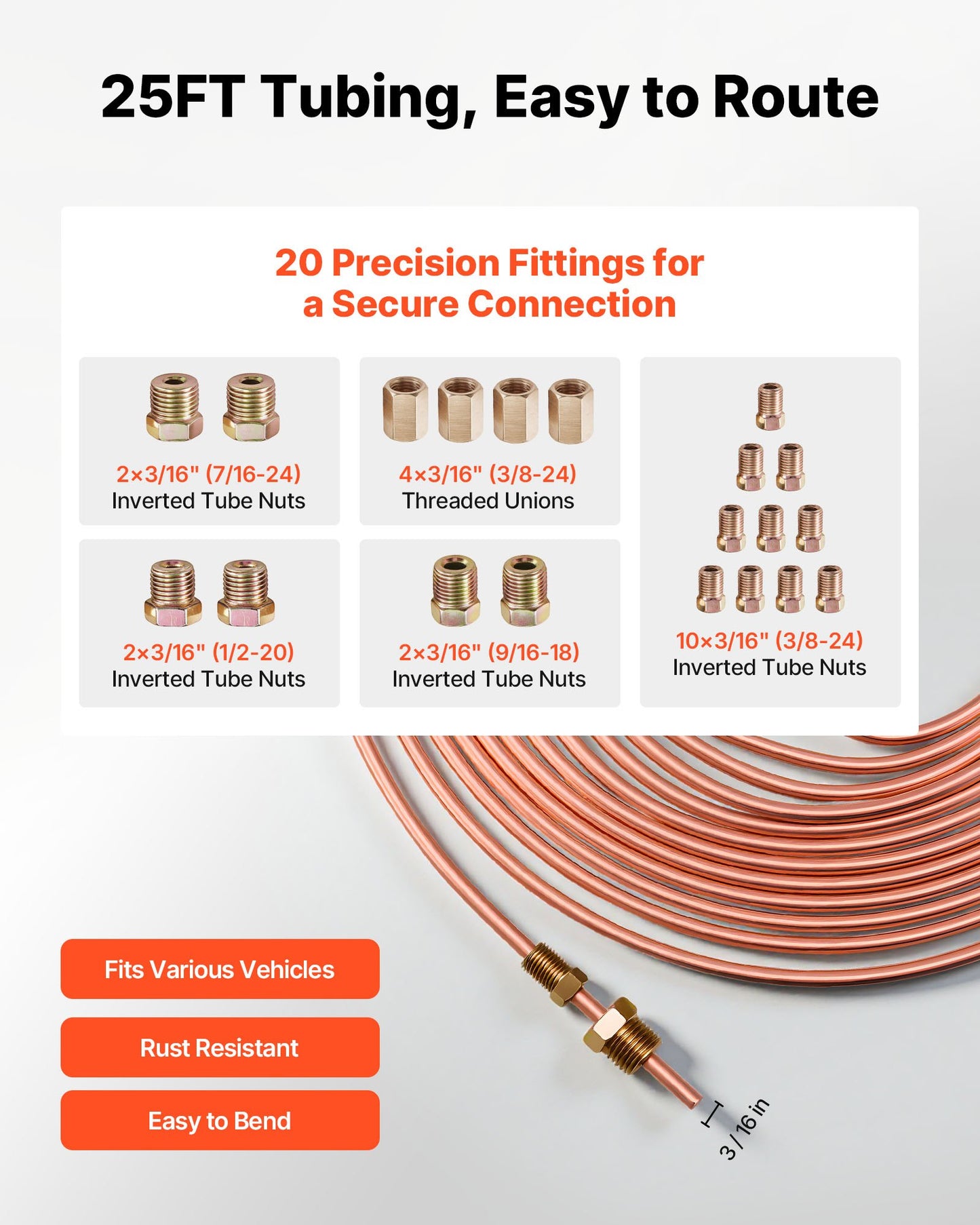 Brake Line Repair Kit with Flaring Tool, Copper Coated Tubing & Fittings