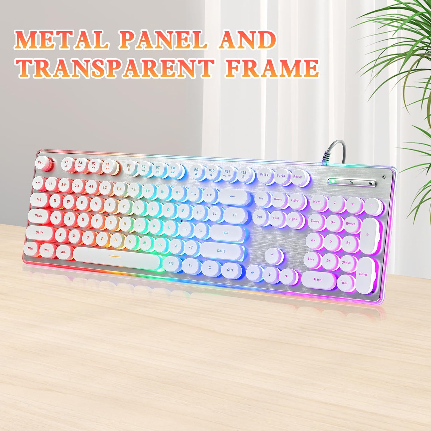 ANSWK Typewriter Style Keyboard with Metal Panel, Rainbow LED Backlit, Round Keys, Anti-ghosting, Spill Resistant, Light Up USB Wired Retro 104 Keys for Office/Gaming, White/Silver