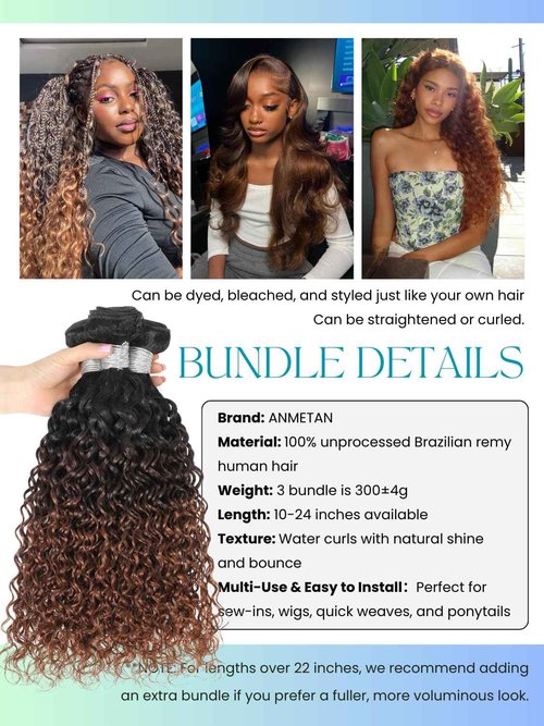 Anmetan 12A Ombre Human Hair Bundles Water Wave, Chestnut Ombre Brown 100% Remy Human Hair Curly 3 Bundle Wet and Wavy Thick 3 Tone Colored #T1B/2/30 Dark Roots Keep Soft After Washes 10 12 14 Inch