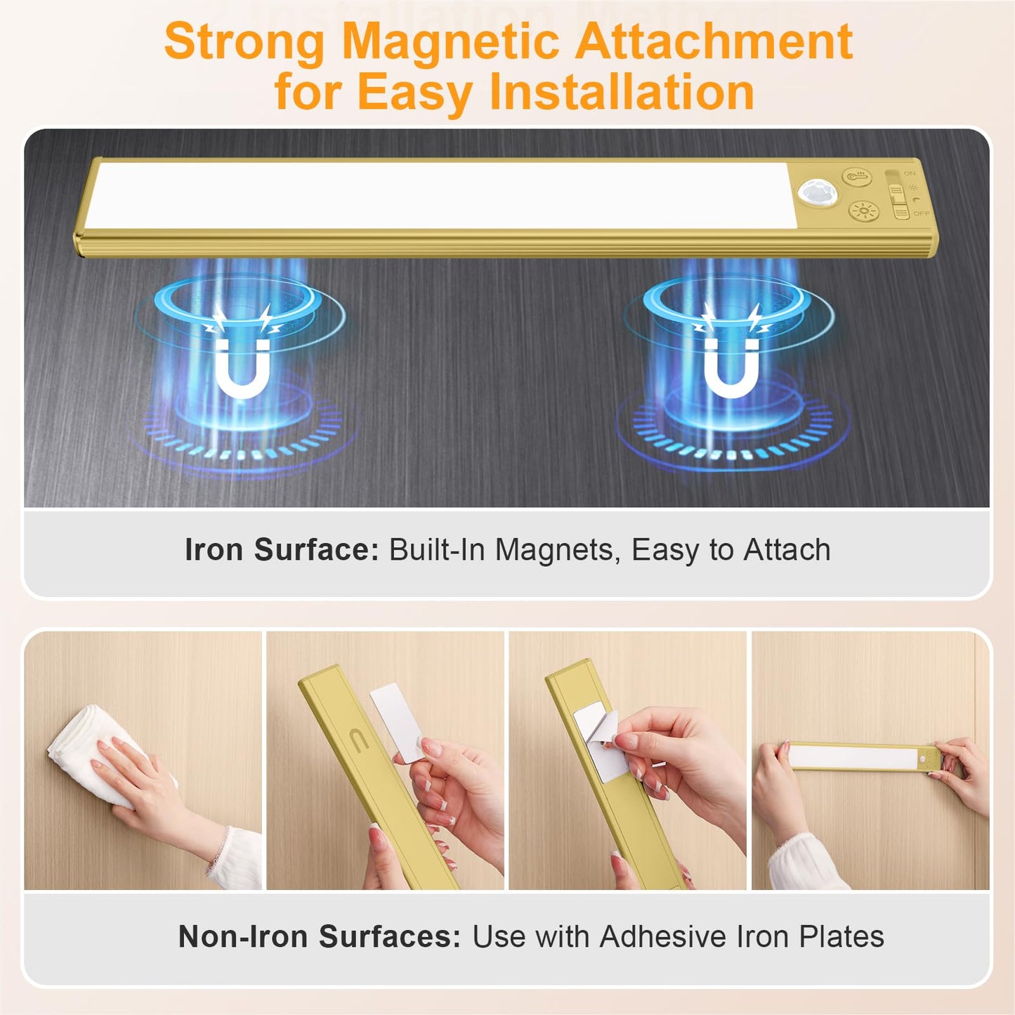 Gritin 10.2inch Under Cabinet Lighting Rechargeable -84 LED Super Bright,3-Color& 5 Level Brightness,4 Modes,Motion Sensor, Long Lasting- Easy Installation Magnetic Closet Lights -2 Pack-Gold