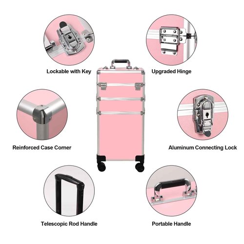 Rolling Makeup Case, Cosmetology Case on Wheels with Large Storage, Durable Design, Ideal Gift for Makeup Artists, Hairstylists, Nail Techs, Portable Beauty Organizer for Travel or Salon Use, Pink
