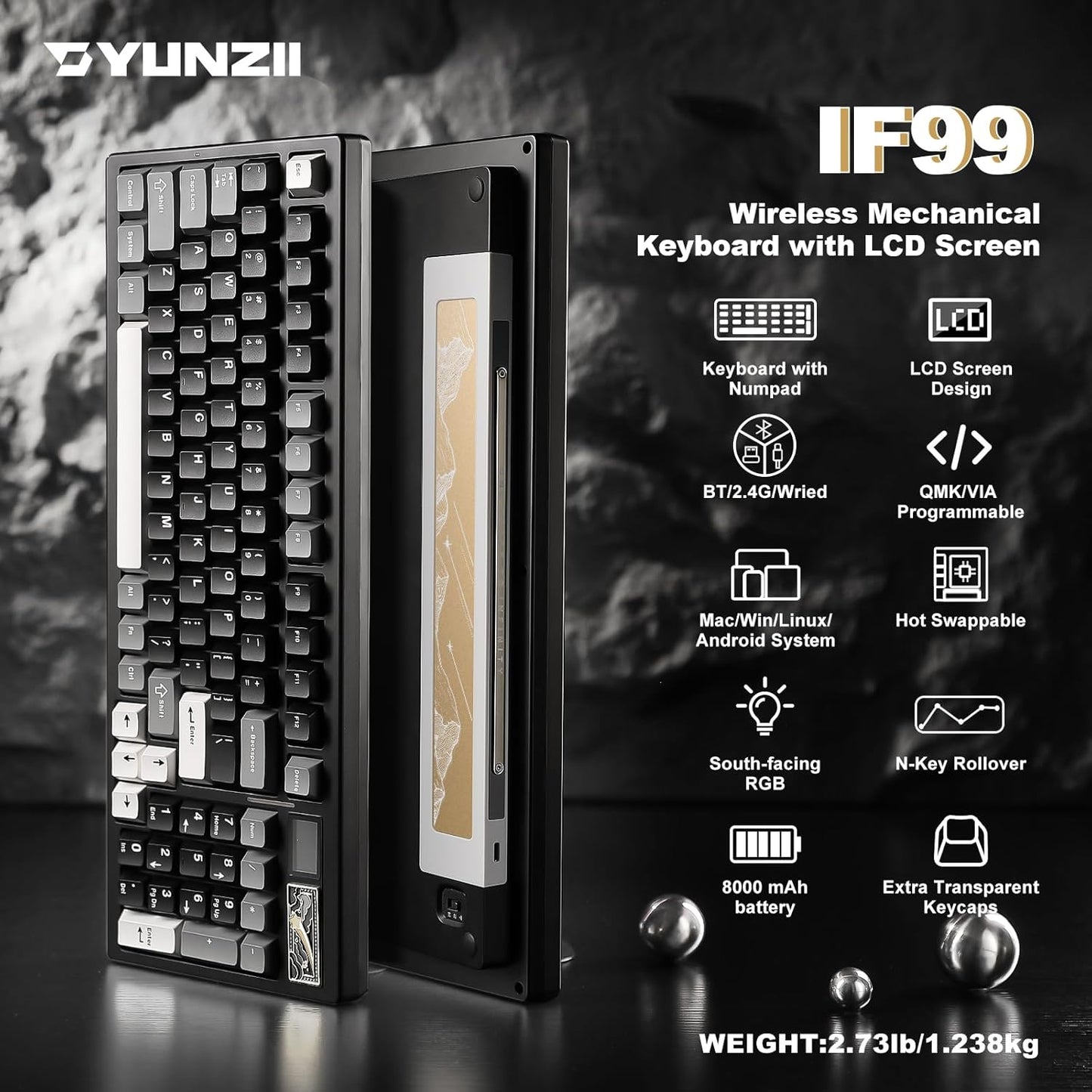 YUNZII IF99 Wireless Mechanical Gaming Keyboard with Smart LCD Display, QMK/VIA Programmable BT/2.4G/USB-C Gasket Mounted Hot Swap RGB 96% Layout for Mac/Win (White, Cocoa Cream V2 Switch)