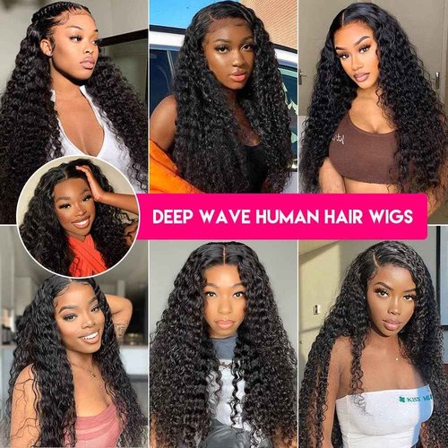 FIRIEYA 13x4 Deep Wave Lace Front Wigs Human Hair 180% Density HD Transparent Lace Frontal Wigs for Women Glueless Wigs Human Hair Pre-Plucked with Baby Hair 18 Inch