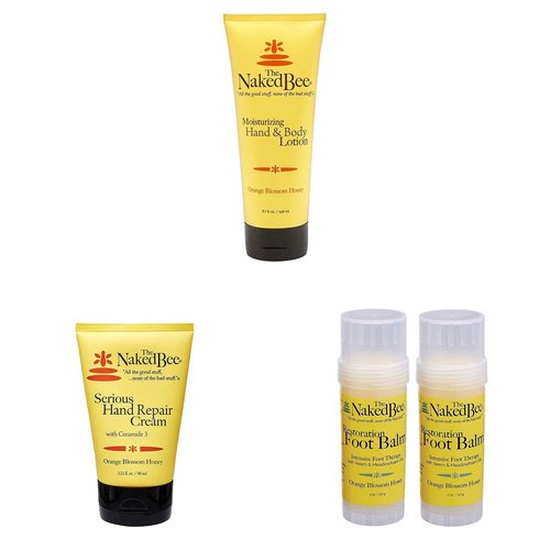 The Naked Bee Orange and Blossom Honey Moisturizing Hand and Body Lotion, 6.7 Ounce + Restoration Foot Balm, 2 Oz - 2 Pack + Serious Hand Repair Cream, 3.25 Oz