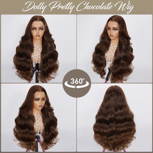DOLLY PRETTY Chocolate Brown Lace Front Wig 13x6 Body Wave Lace Front Wigs Human Hair 200 Density Pre Plucked 4# Colored Wigs 20 Inch