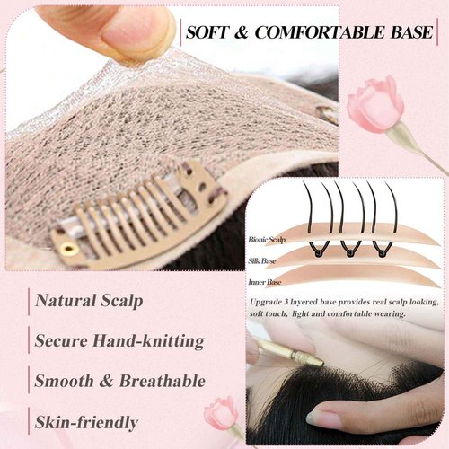 POWERASIA Hair Toppers for Women Real Human Hair Extensions with Thinning Hair No Bangs Wiglets Upgrade 3.9x4.7Inch Silk Base Clip ins Hair Pieces 150% Density Remy Hair Wig Topper #12P613