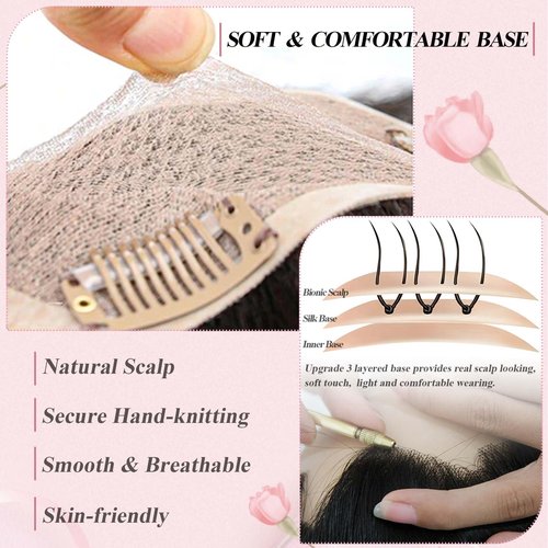 POWERASIA Real Human Hair Toppers for Women - No Bangs Wiglets, Upgrade 3.9x4.7Inch Silk Base Clip ins, 150% Density Remy Hair Wig Topper #1 Jet Black