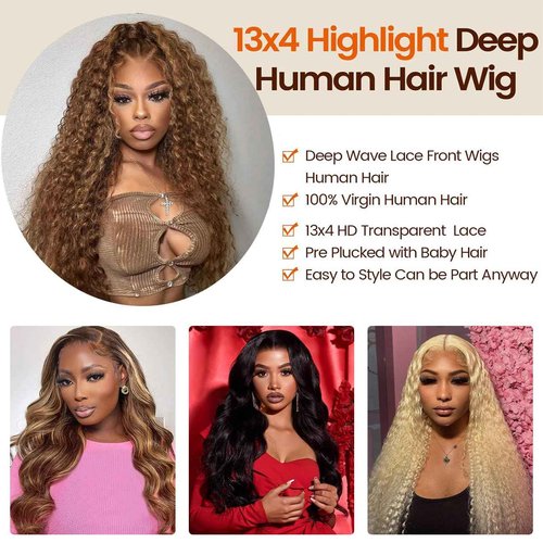 UFHUFH 30 inch Honey Blonde Wig Human Hair 13x4 Highlight Ombre Lace Front Wig Human Hair 200 Density HD Lace 4/27 Deep Wave Frontal Wigs for Women