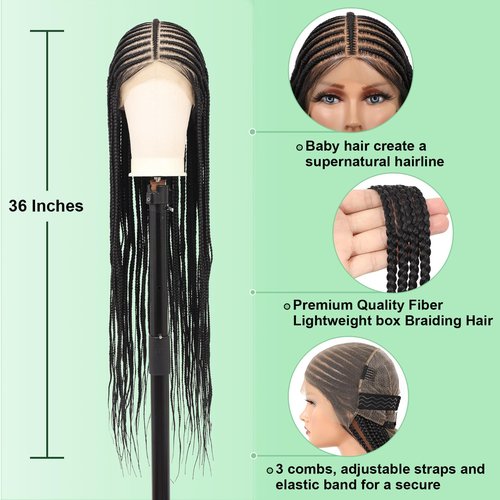 Youthfee 13x8 HD Lace Front Cornrow Braided Wigs for Women Braided Wig with Baby Hair Black Middle Parted Box Braid Wig Premium Synthetic 36 Inch