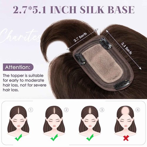Charites Hair Toppers for Women Real Human Hair 10 Inch Long Straight Toppers for Women with Thinning 7 * 13CM Silk Base Clip in Hairpieces with Bangs (Dark Brown)