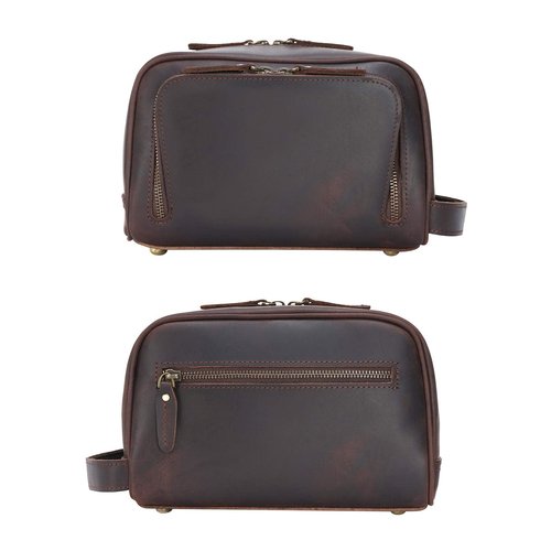 Polare Vintage Full Grain Leather Handmade Travel Toiletry Bag for Men - Dopp Kit - Shaving Kit with YKK Metal Zippers A-Dark Brown