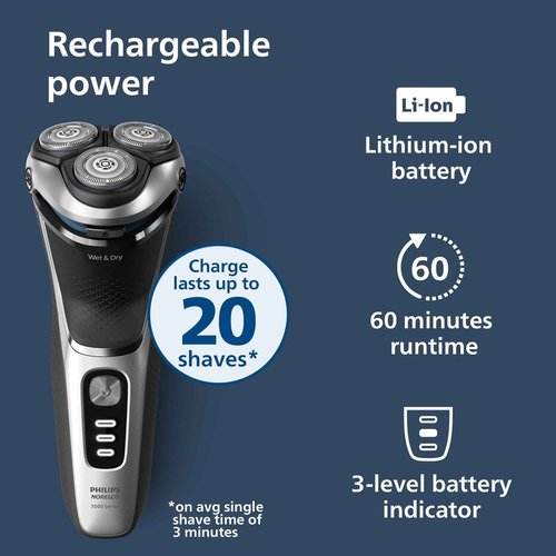 Philips Norelco Shaver 3900 Series, Wet and Dry Electric Shaver, P-Cap, Travel Pouch, Charging Stand, Storm Blue, Model S3341/92