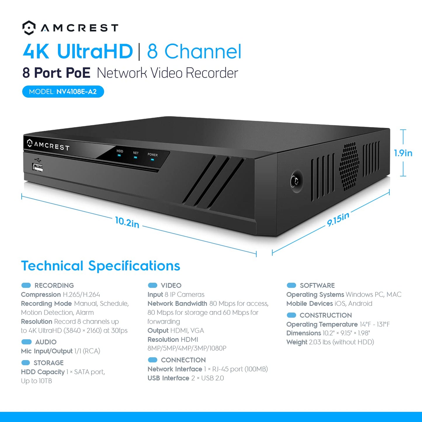 Amcrest 4K POE Security Camera System with 4K 8Ch PoE NVR (4) x 8 Megapixel Turret IP POE Cameras (3840x2160) Pre Installed 2TB Hard Drive NV4108E-IP8M-T2599EW4-2TB