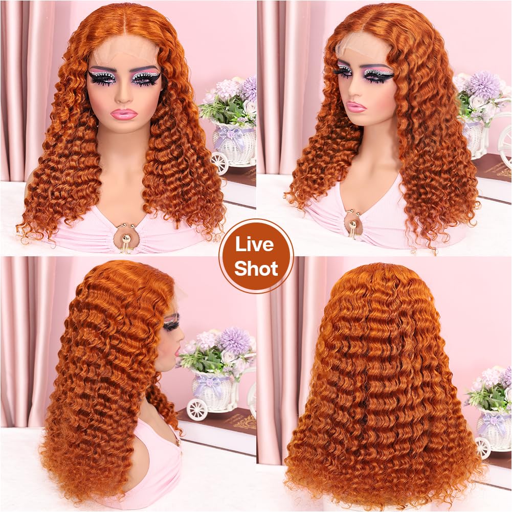 omswet Curly BOB Wig Human Hair 200 Density 5x5 HD Lace Closure Deep Wave Wigs for Black Women Glueless Wear and Go Pre Plucked Deep Wave Wet and Wavy Glueless Wigs Human Hair Ginger 18 Inch