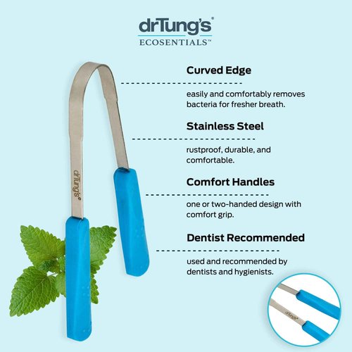 drTung's Stainless Steel Metal Tongue Scraper - Tongue Cleaner for Adults, Kids, Helps Freshen Breath, Easy to Use Comfort Grip Handle, Comes with Fabric Travel Pouch - 6 Pack