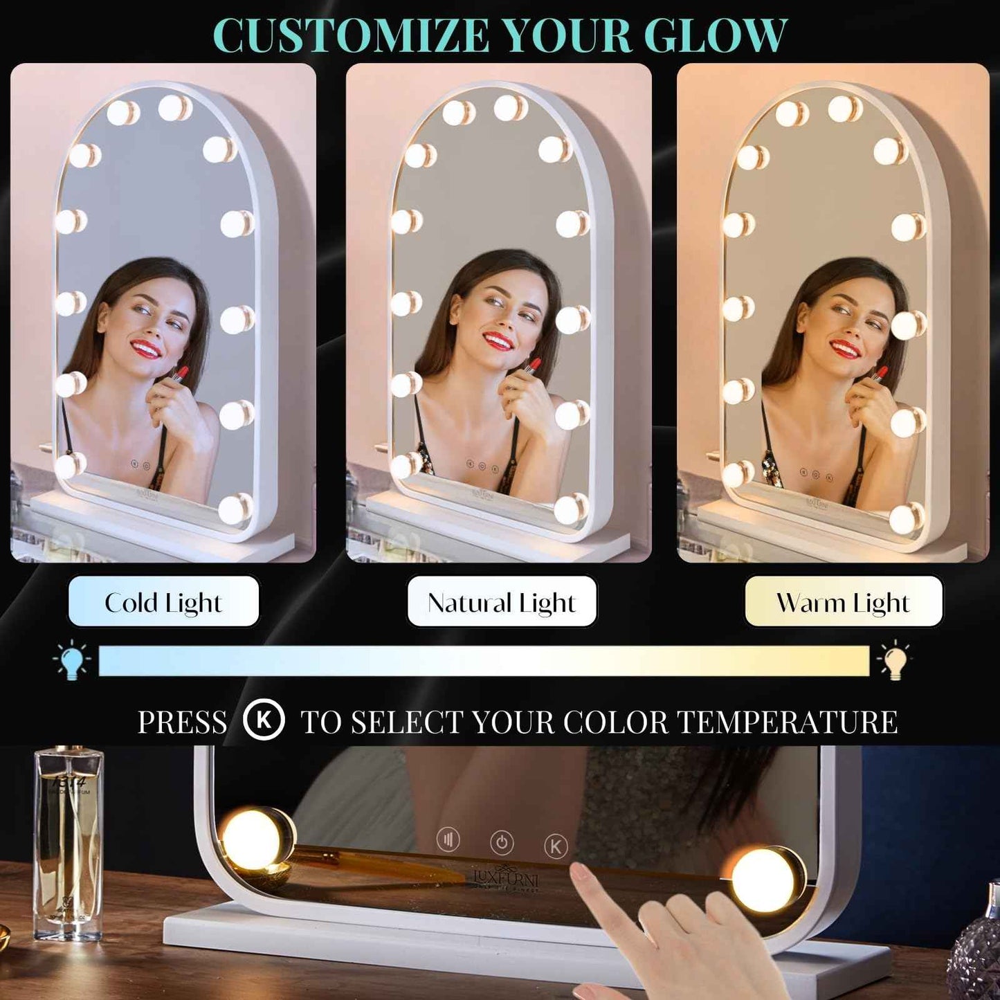 LUXFURNI Vanity Mirror with Lights, 24.5" x 15.8" Arched LED Makeup Mirror, Lighted Hollywood Mirror with Lights, Smart Touch Control Dimmable 3 Modes Light, White