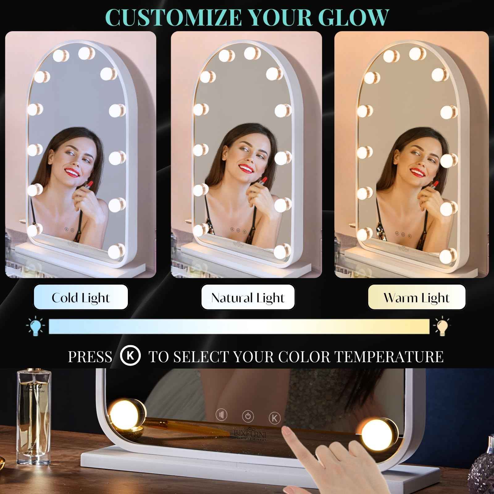 LUXFURNI Vanity Mirror with Lights, 24.5" x 15.8" Arched LED Makeup Mirror, Lighted Hollywood Mirror with Lights, Smart Touch Control Dimmable 3 Modes Light, White