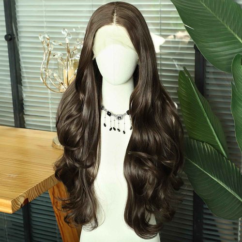 SAPPHIREWIGS Dark Brown Long Wavy T-Part Lace Front Wig For Women Natural Looking Heat Resistant Black Synthetic Hair Wigs 26inch