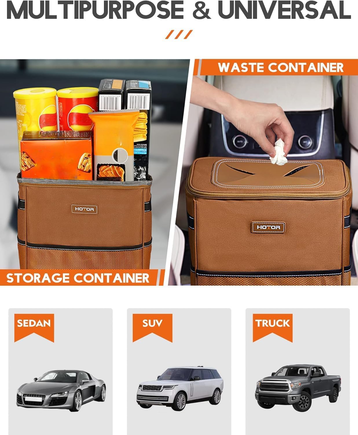 HOTOR Brown Car Trash Can with Adjustable Strap, Magnetic Snaps, Waterproof Lining, and Storage Pocket