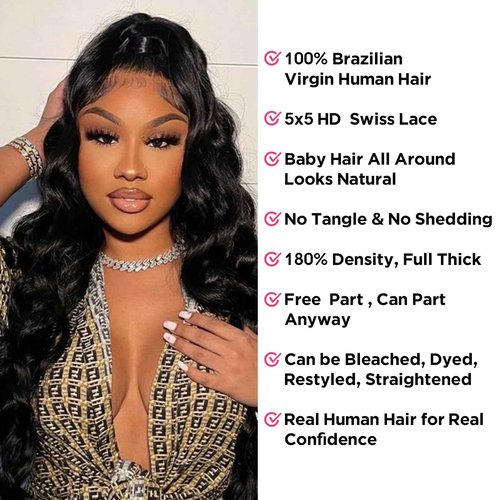 5x5 HD Lace Closure Wigs Human Hair Body Wave Lace Front Wigs for Black Women 100% Virgin Human Hair Pre Plucked with Baby Hair 180% Density Glueless Wigs Natural Black Color 20Inch