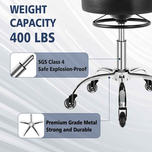 Mineloff Rolling Stool with Wheels 400lbs Weight Capacity,Heavy Duty Lash Chair Adjustable for Tatoo Lab Massage Salon Spa Drafting Nail Teach,360 Swivel,Leather,Thick Seat Padding (Black)