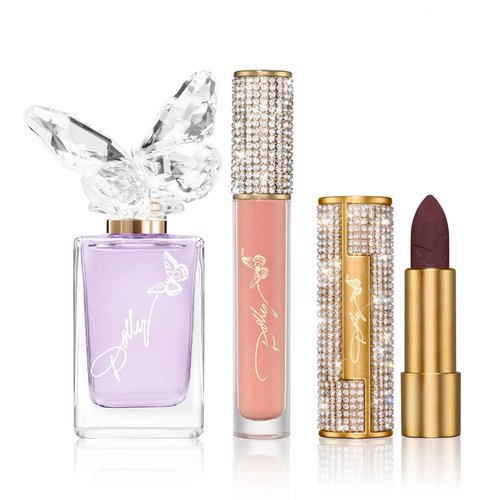Dolly Beauty Smoky Mountain Bundle - Heaven's Kiss Lipstick in Honey Plum, Hi-Gloss Lips in Rose Petal and Smoky Mountain Eau De Toilette - 3 Pack