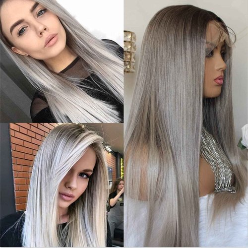 Aisom Ash Grey Lace Front Wigs For Women Synthetic Ombre Lace Frontal Wig Dark Roots Ash Brown Long Wig Lace Front Synthetic Wigs 24 inch